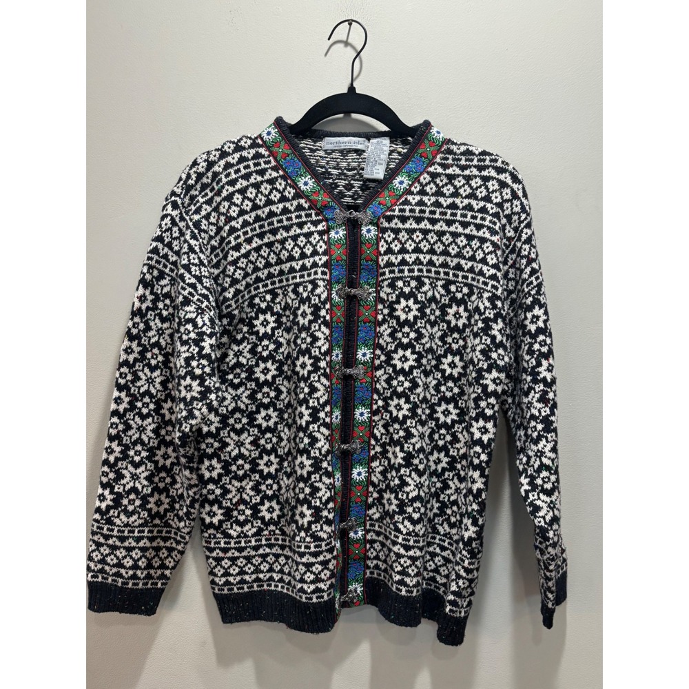 Northern Isles Vintage Nordic Fair Isle Clasp Cardigan Black White Floral M